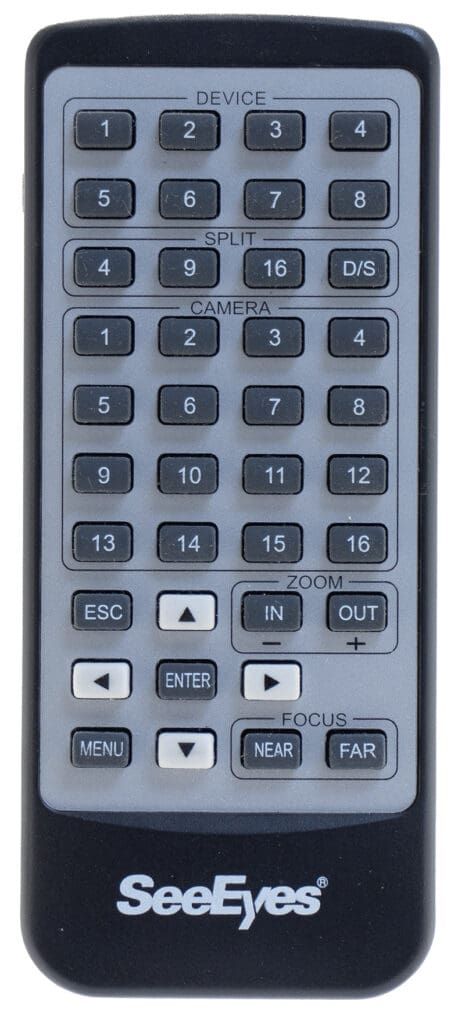 Black remote control with numbered buttons and SeeEyes logo.