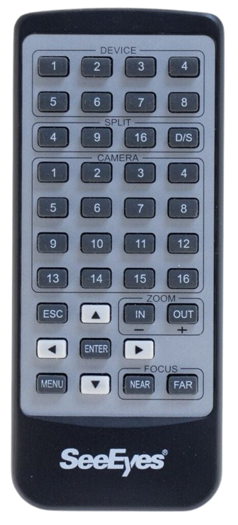 Black remote control with numbered buttons and function labels: Switch, Split, Camera, Zoom, Focus, SeeEyes logo.
