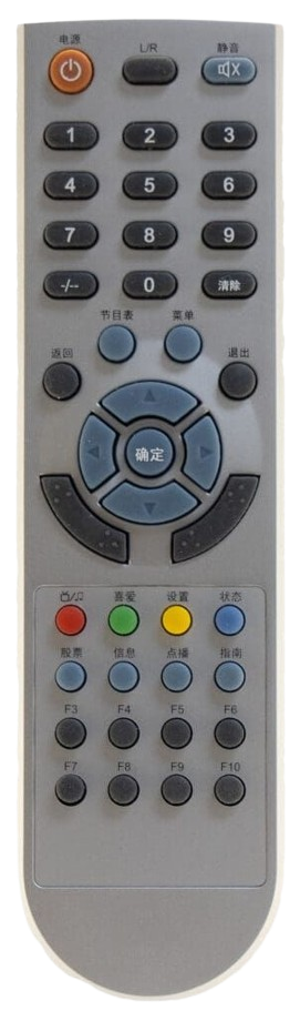 A grey remote control with black buttons. There's a power button, number buttons, navigation buttons, and colored buttons.