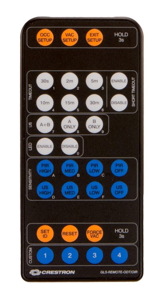 Black Crestron remote control with orange and blue buttons.