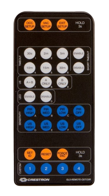 Black remote control with orange and blue buttons for settings and adjustments, labeled for audio/visual control.