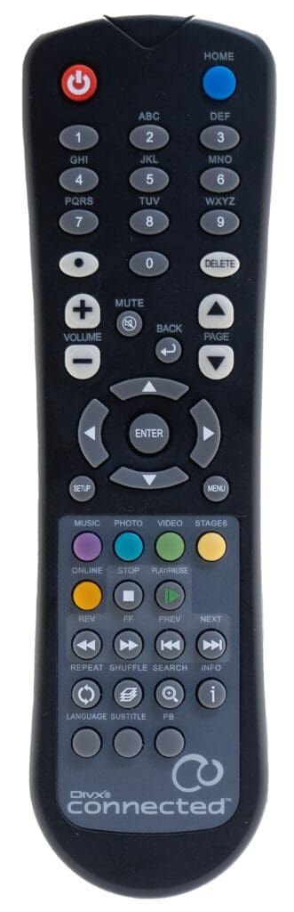 Black remote control with numbered buttons and color-coded buttons near the bottom, branded with