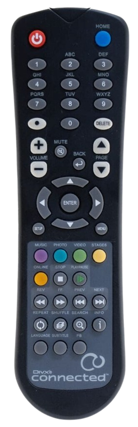 Black remote control with various buttons, including power, volume, and channel controls; the logo