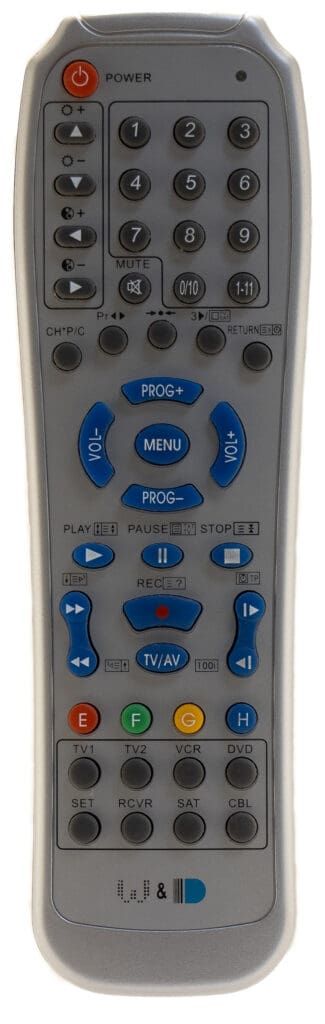 A gray remote control with buttons of various shapes and colors.
