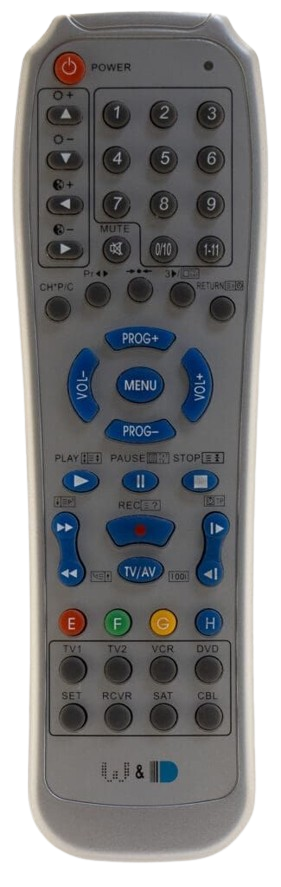 Gray remote control with blue and colored buttons.