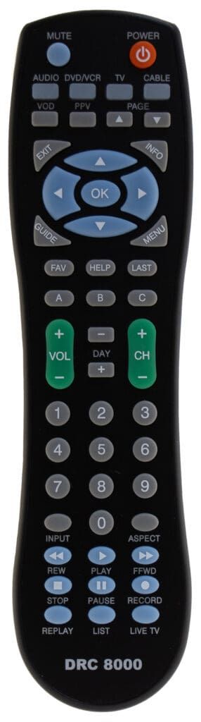 Black remote control with many buttons, including a power button and navigation pad.