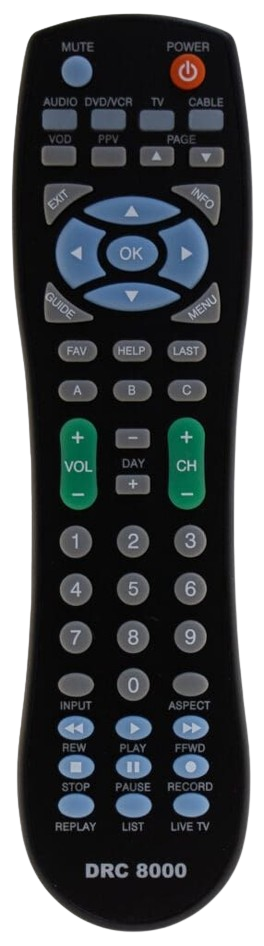 Black remote control with various buttons, including power, channel, and number buttons.
