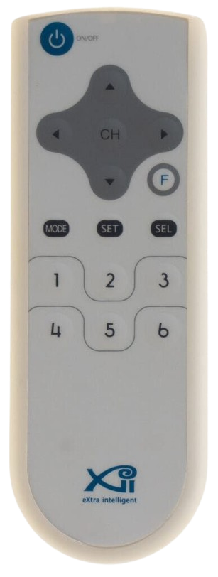 White remote control with buttons for power, channel selection, and numbers. The brand is