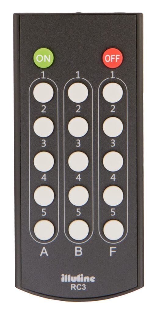 Remote control with on/off buttons, numbered buttons, and letters A, B, F.