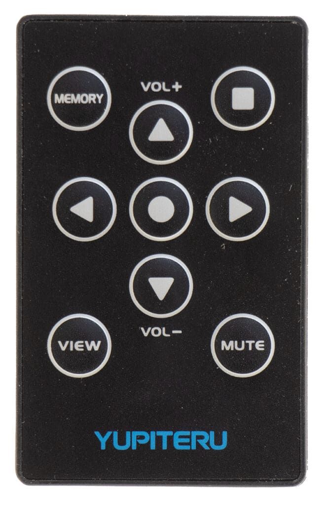 Black remote control with silver buttons, labeled with functions like volume, memory, and mute.