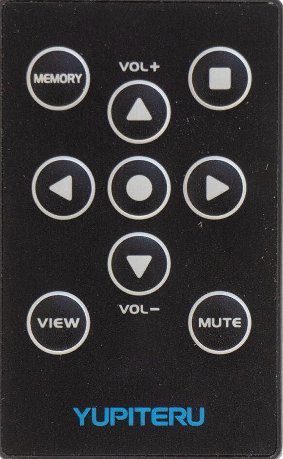 Black Yupiteru remote control with white buttons for memory, volume, stop, view, mute, and playback functions.