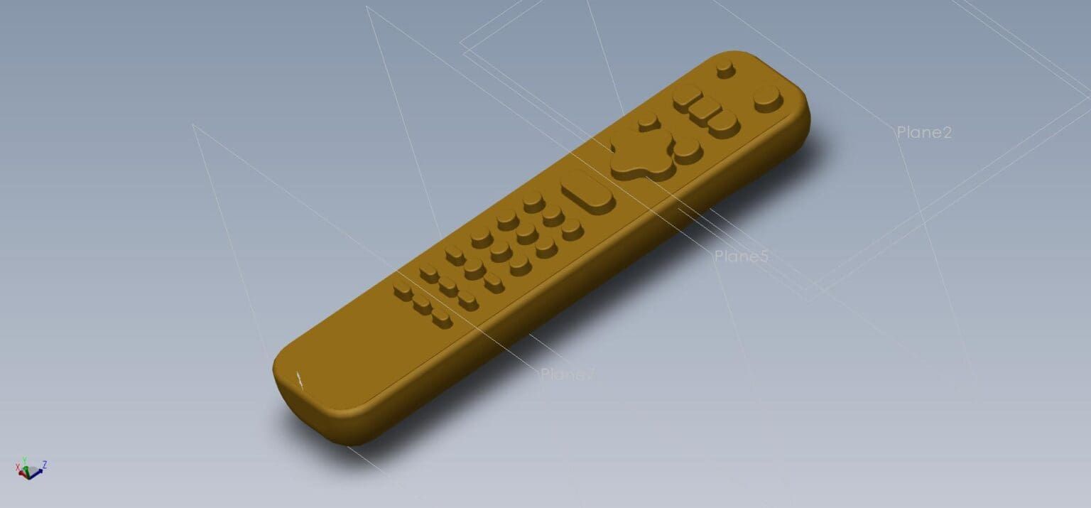 3D rendering of a golden-colored remote control with button details.