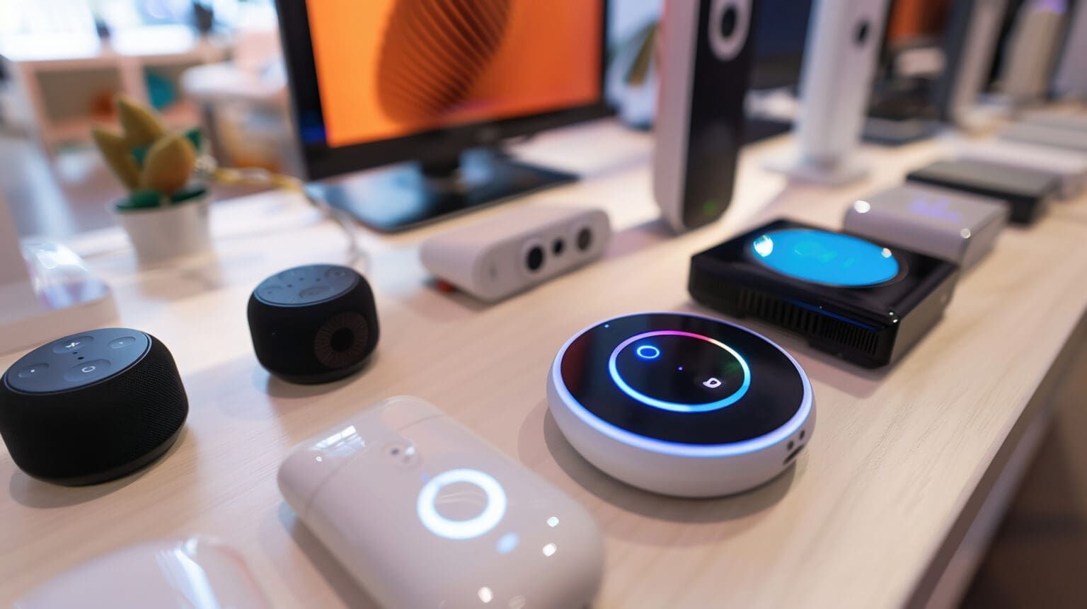 Various smart home devices displayed on a table: speakers, cameras, and hubs, with colorful lights.