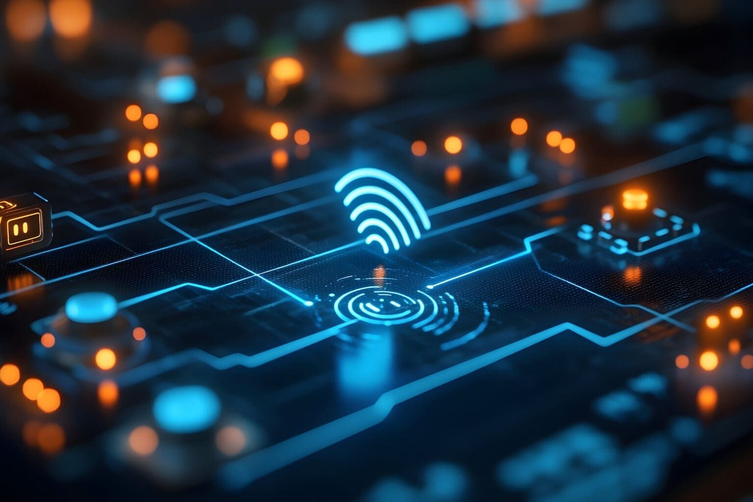Circuit board with glowing blue and orange lines and a Wi-Fi symbol.