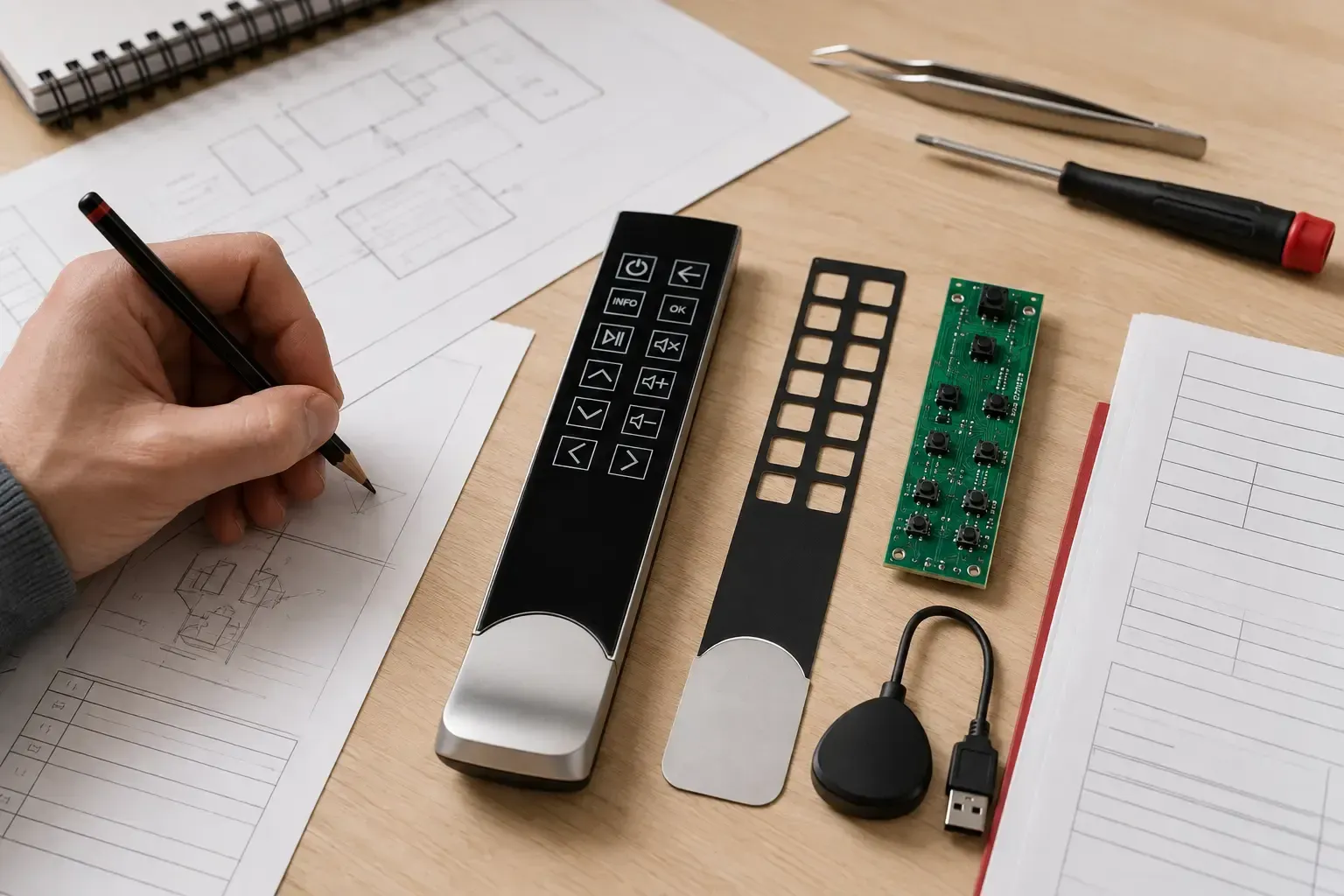 Hands sketching a product design with electronics parts and tools on a desk
