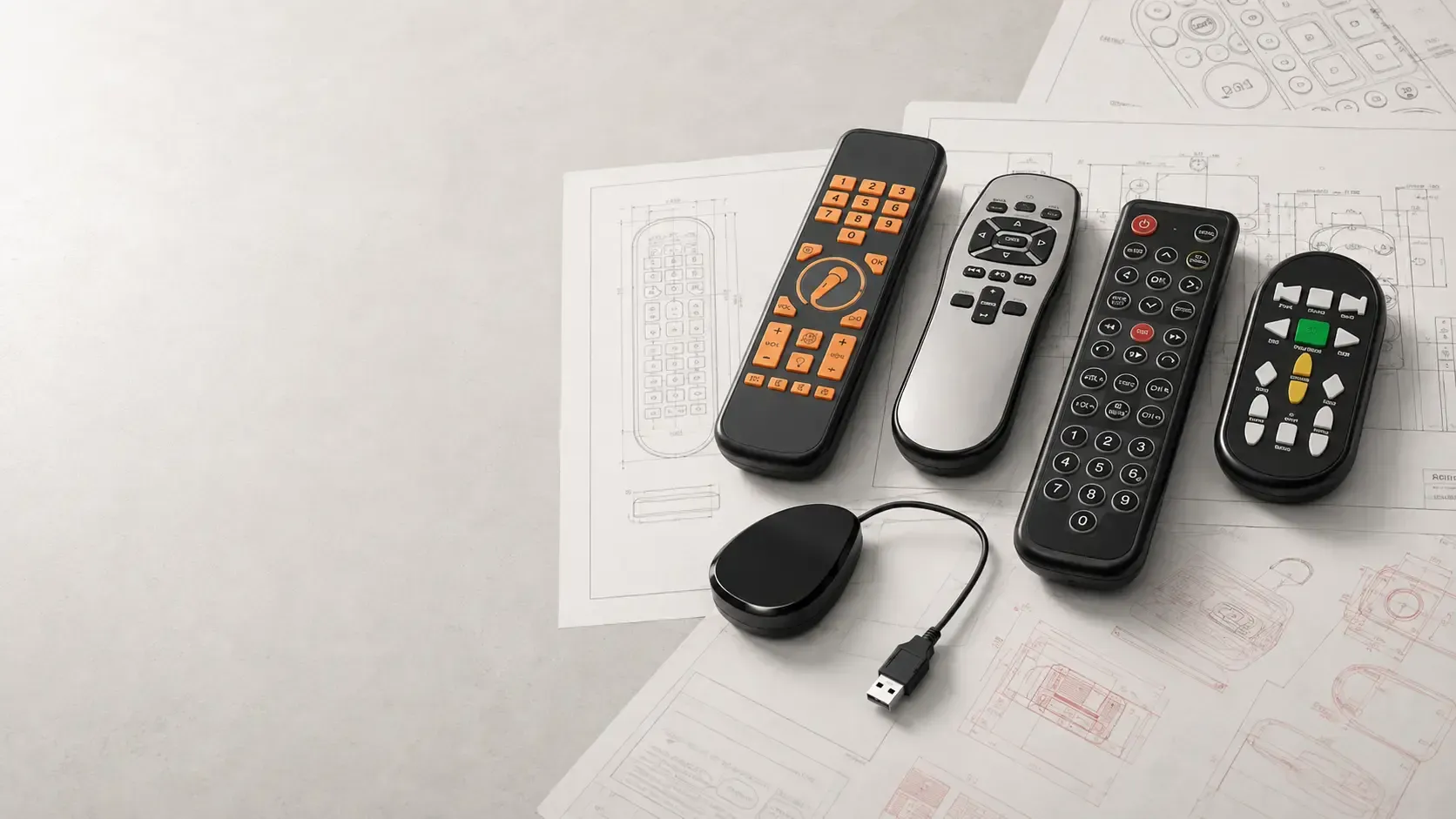 Assorted TV remotes and a small black device on a light tabletop with sketches underneath