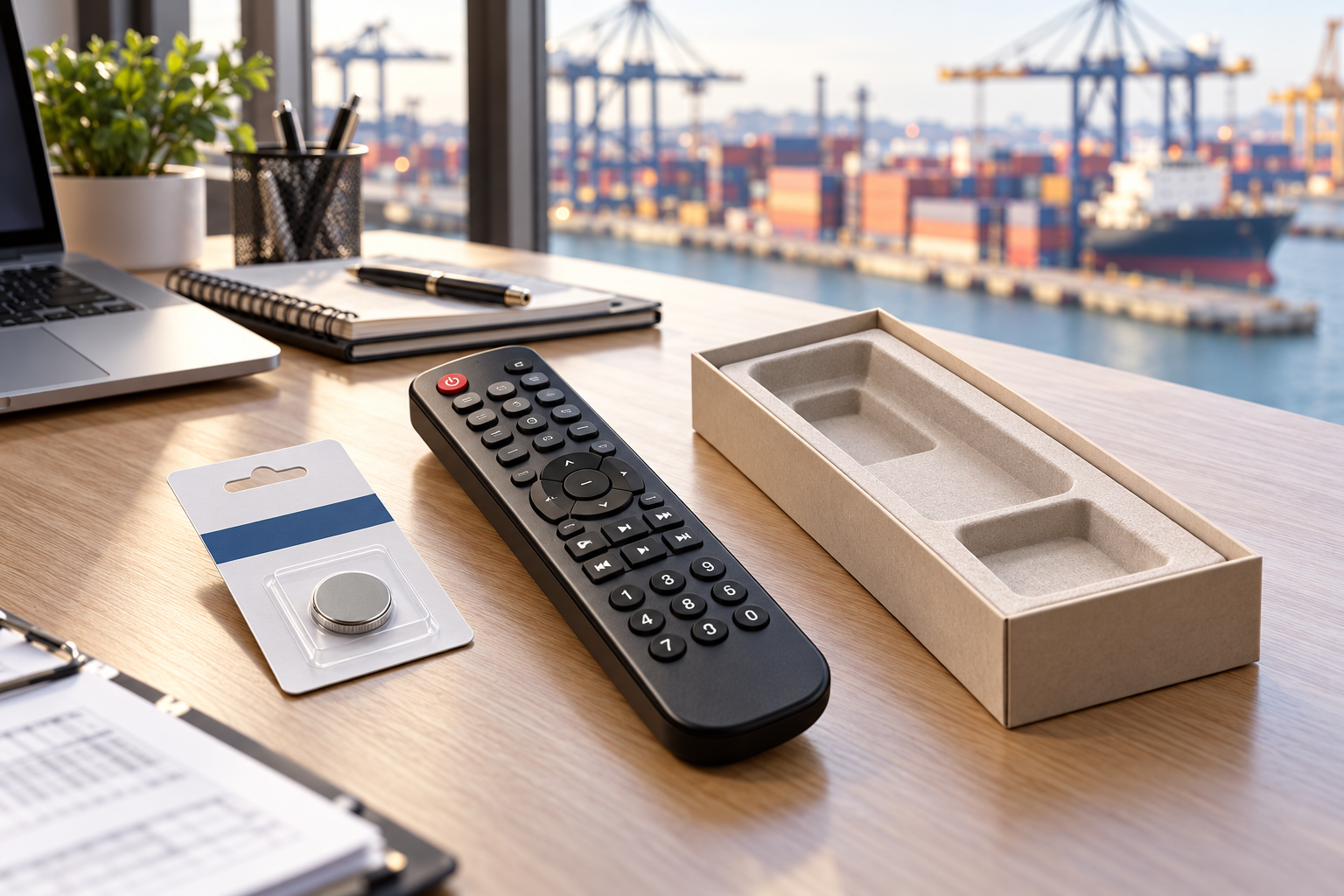 Remote control, packaged coin cell battery, and shipping tray on a desk overlooking a container port.