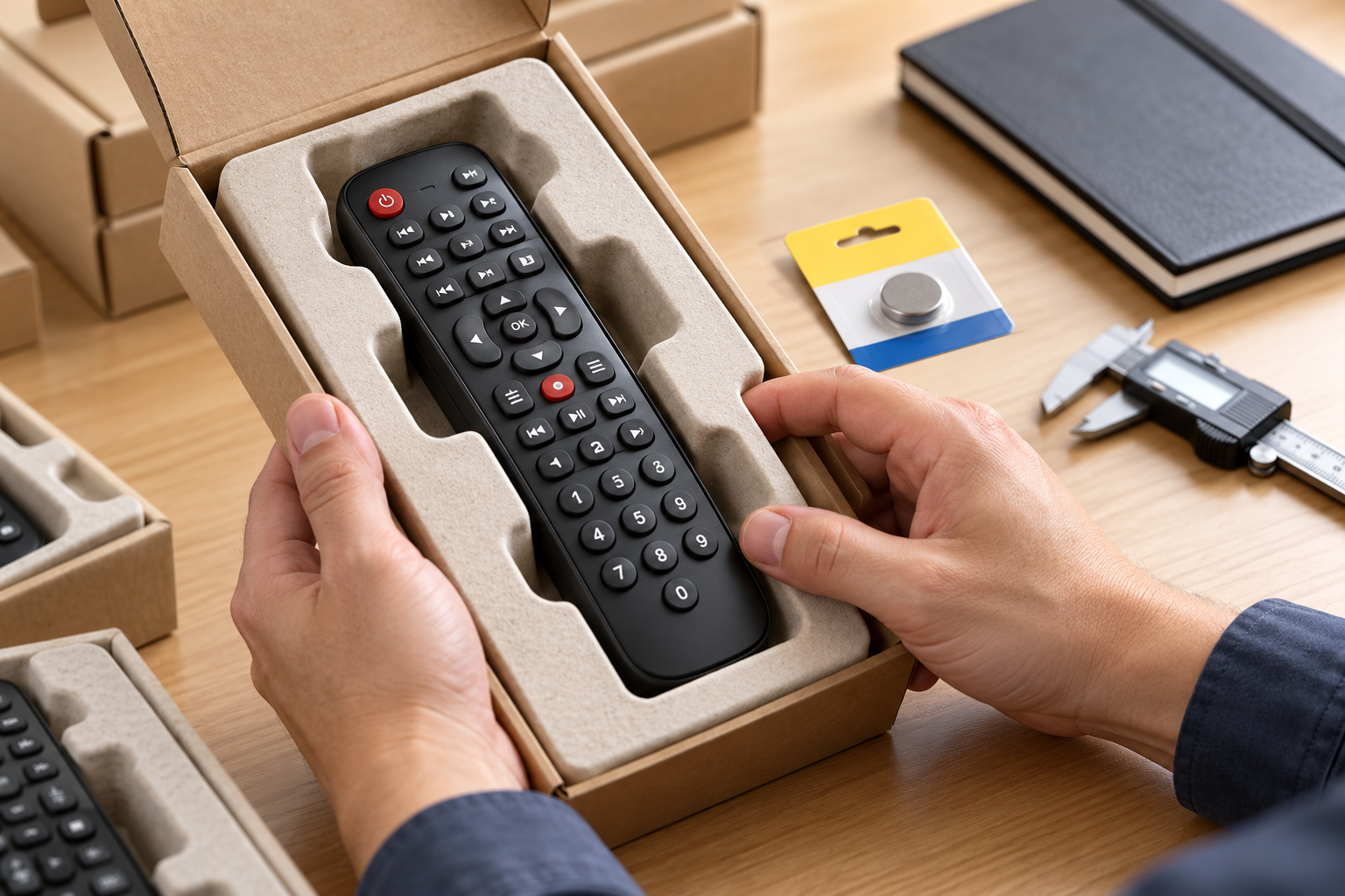Hands holding a boxed remote control beside a packaged coin cell battery and caliper.