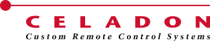 Celadon logo with red text and a red dot on a red horizontal line; 