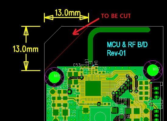PCB design diagram showing a corner to be cut, labeled with 13.0 mm dimensions, alongside an antenna trace.