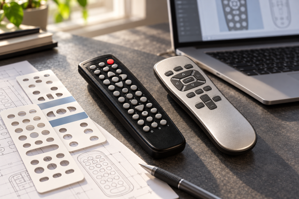 Black and silver remote control concepts beside keypad overlays and a laptop on a product design desk.