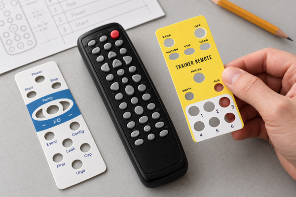 Hand comparing a printed keypad overlay with a black remote control and a second overlay on a tabletop.