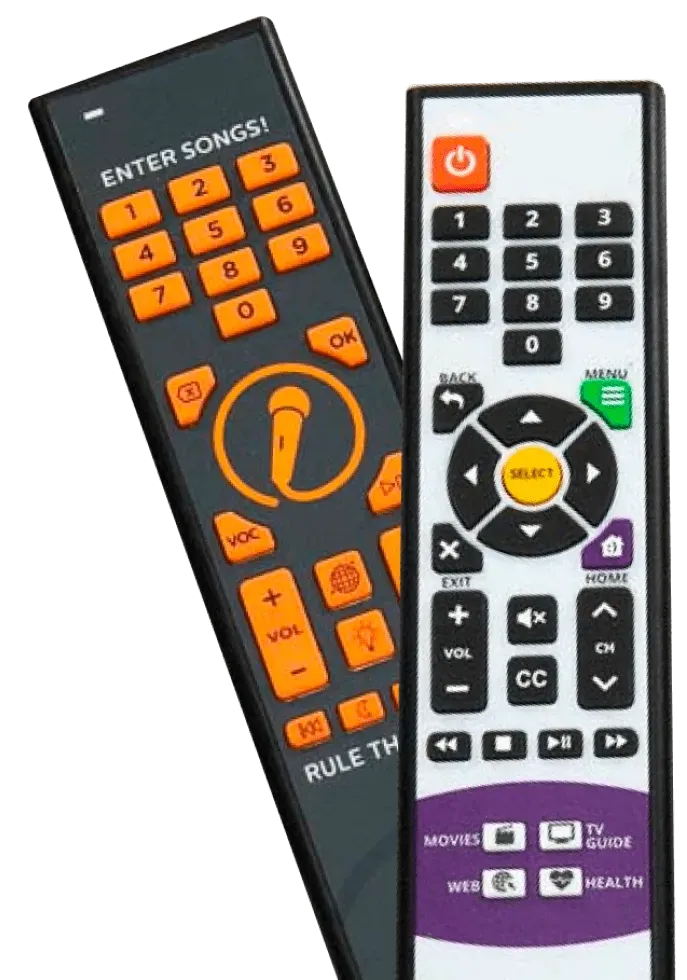 Two karaoke machine remotes: one gray with orange buttons and one white with black and orange buttons.