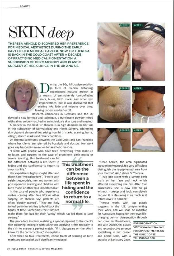 Magazine article titled “SKIN deep” with before-and-after facial and body treatment photos