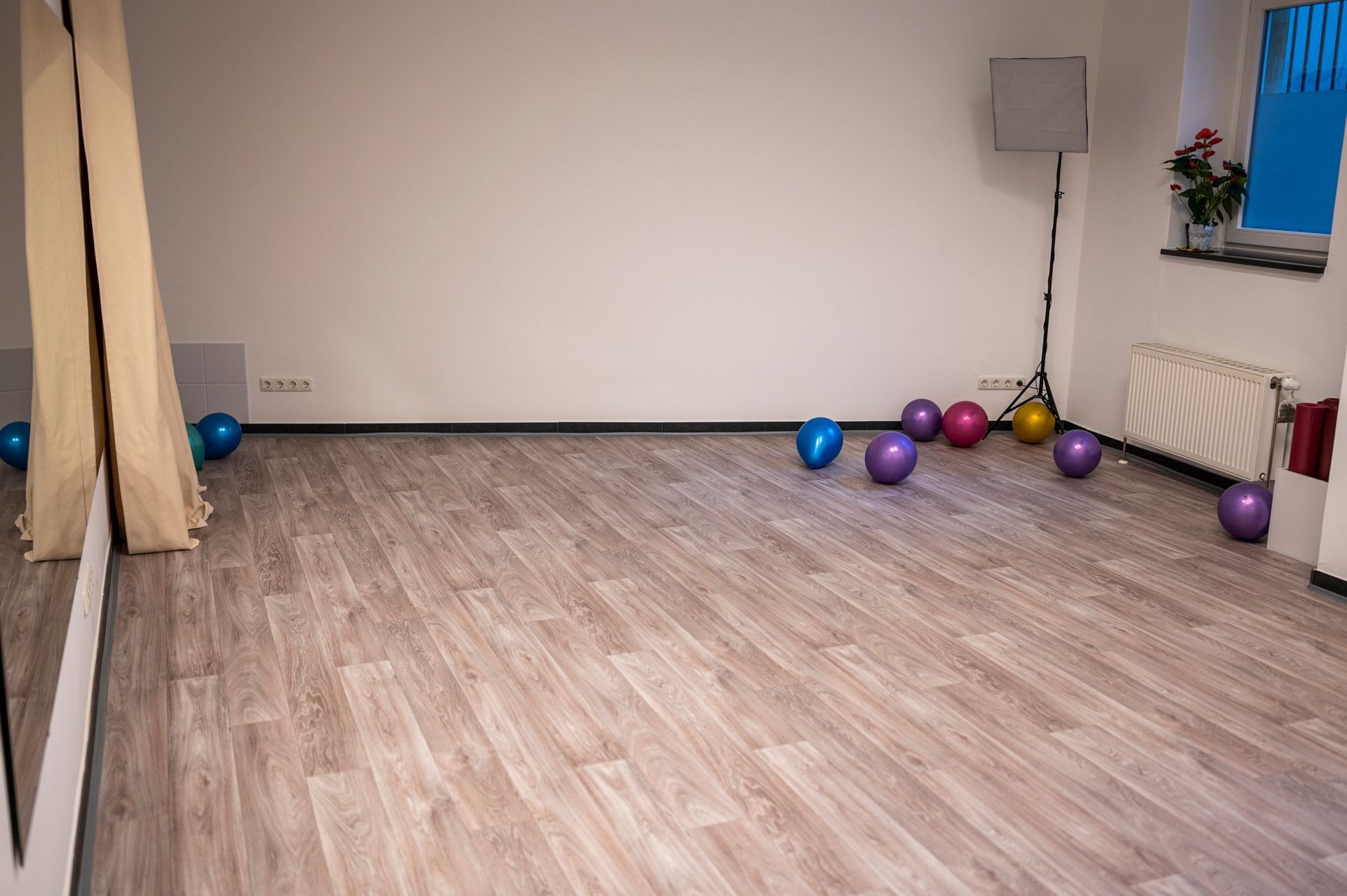 An empty room with a lot of balls on the floor
