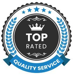 A circular badge with a crown, five stars, and laurel wreaths, labeled "TOP RATED" and "QUALITY SERVICE" in blue and black.