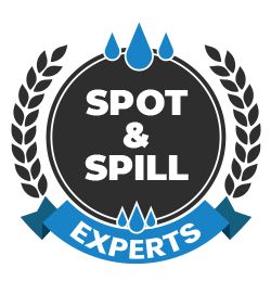 Logo for Spot & Spill Experts, featuring a black circle, blue water droplets, laurel leaves, and a blue banner.