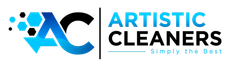 Logo for Artistic Cleaners featuring the letters AC in blue and black with the text