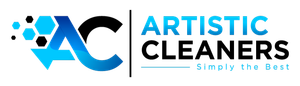 Logo for Artistic Cleaners featuring the letters AC in blue and black with the text