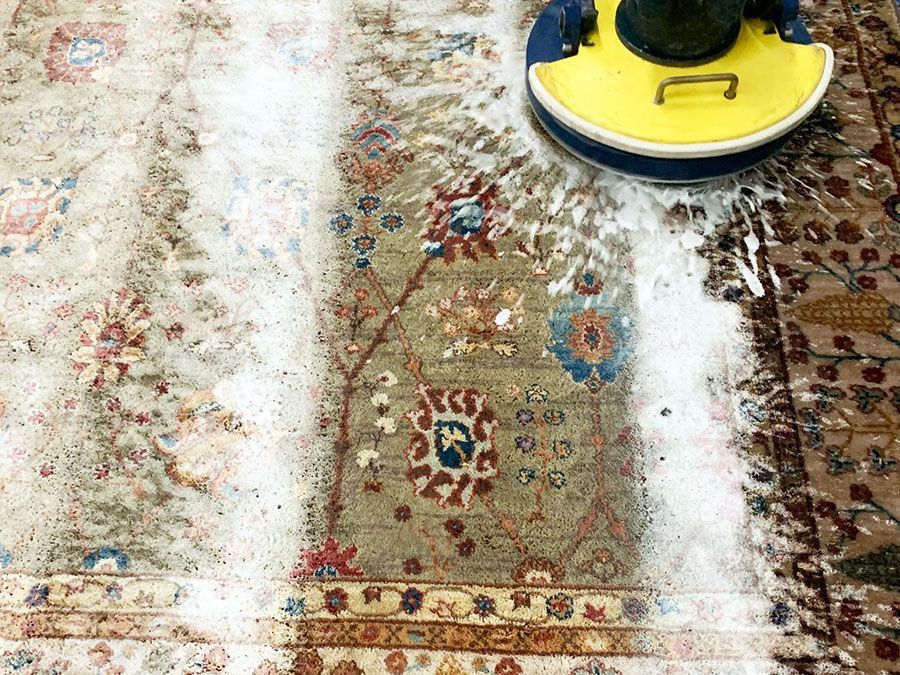 A floor buffer machine cleans a detailed, patterned area rug covered in white cleaning foam.