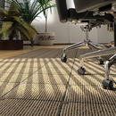Close-up of a modern office space featuring a tan and brown striped carpet, office chairs, and potted plants.