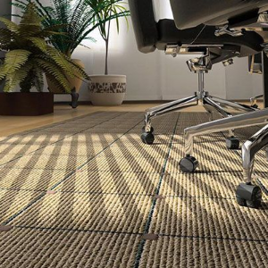 Close-up of a modern office space featuring a tan and brown striped carpet, office chairs, and potted plants.