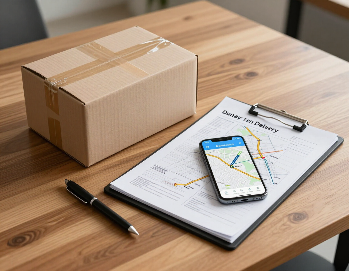 Una caja de cartón para envíos junto a un portapapeles con un mapa