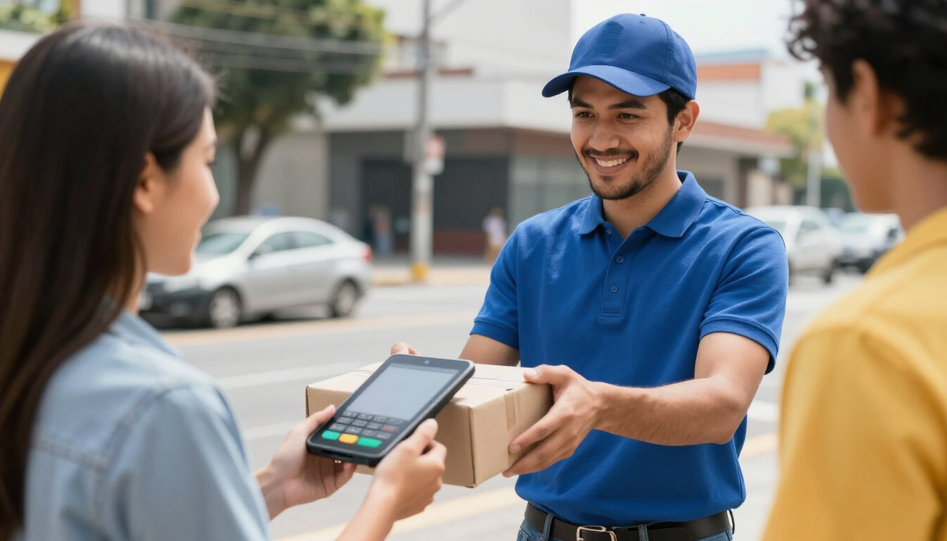 Un repartidor con uniforme azul entrega un paquete a un cliente en la puerta de su casa.