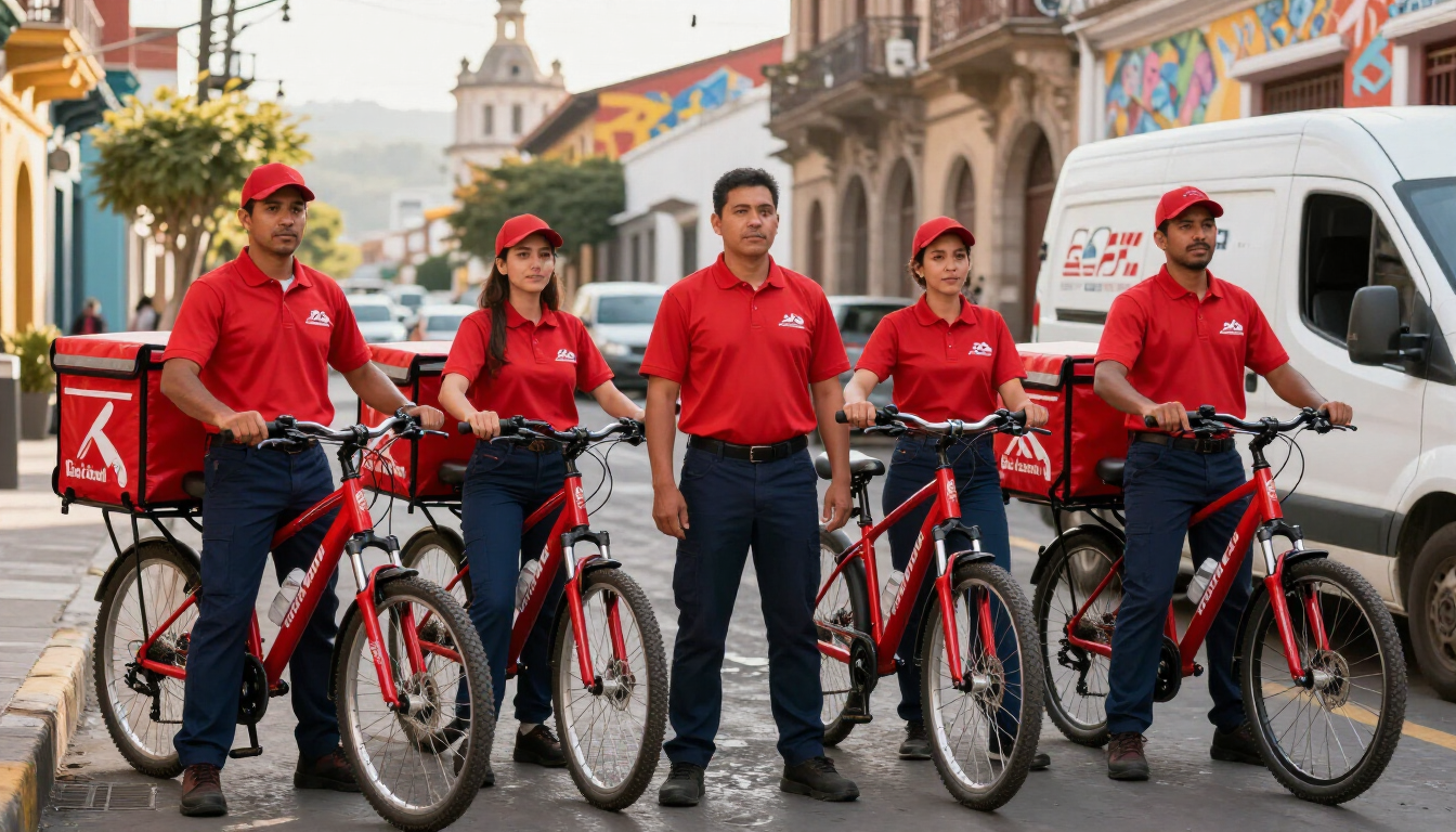 Cinco repartidores con uniformes rojos y bicicletas están parados en una calle de la ciudad junto a una furgoneta blanca.