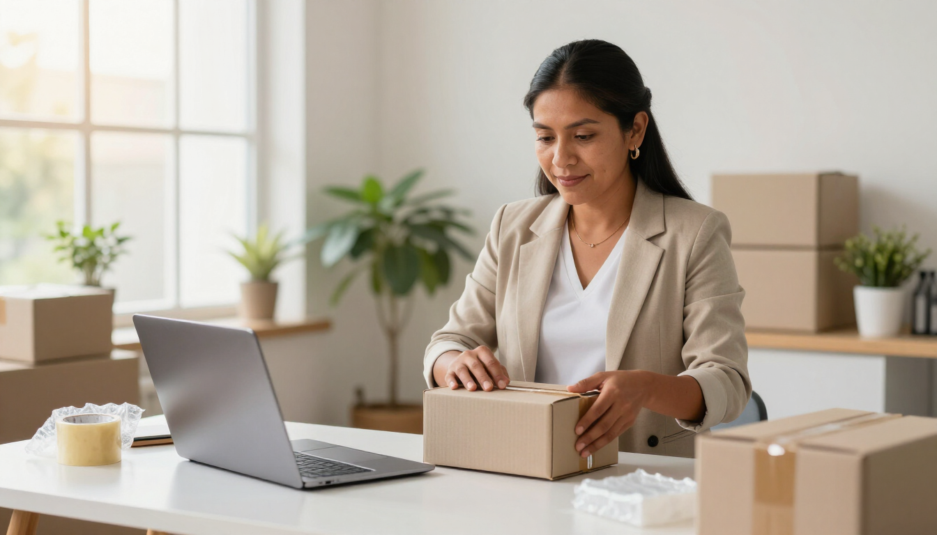 Una mujer empaca una caja pequeña en un escritorio junto a una computadora portátil en una oficina luminosa.