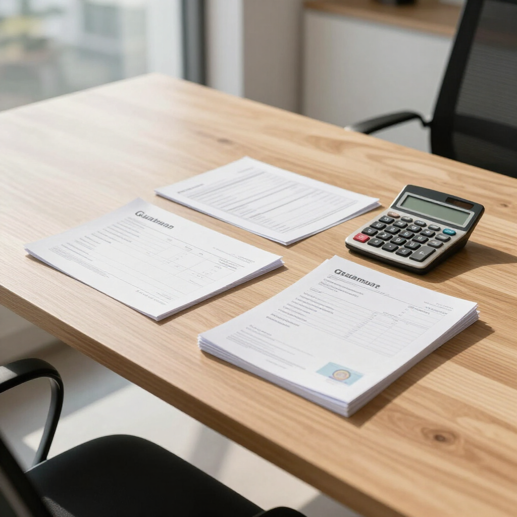 Tres documentos financieros sobre una mesa de madera junto a una calculadora en un entorno de oficina moderno.