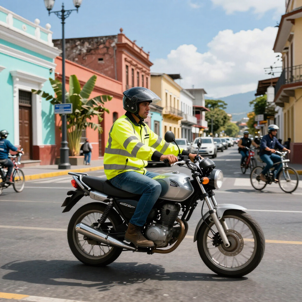 Un agente de policía con chaqueta de neón monta en motocicleta por una colorida calle de la ciudad.