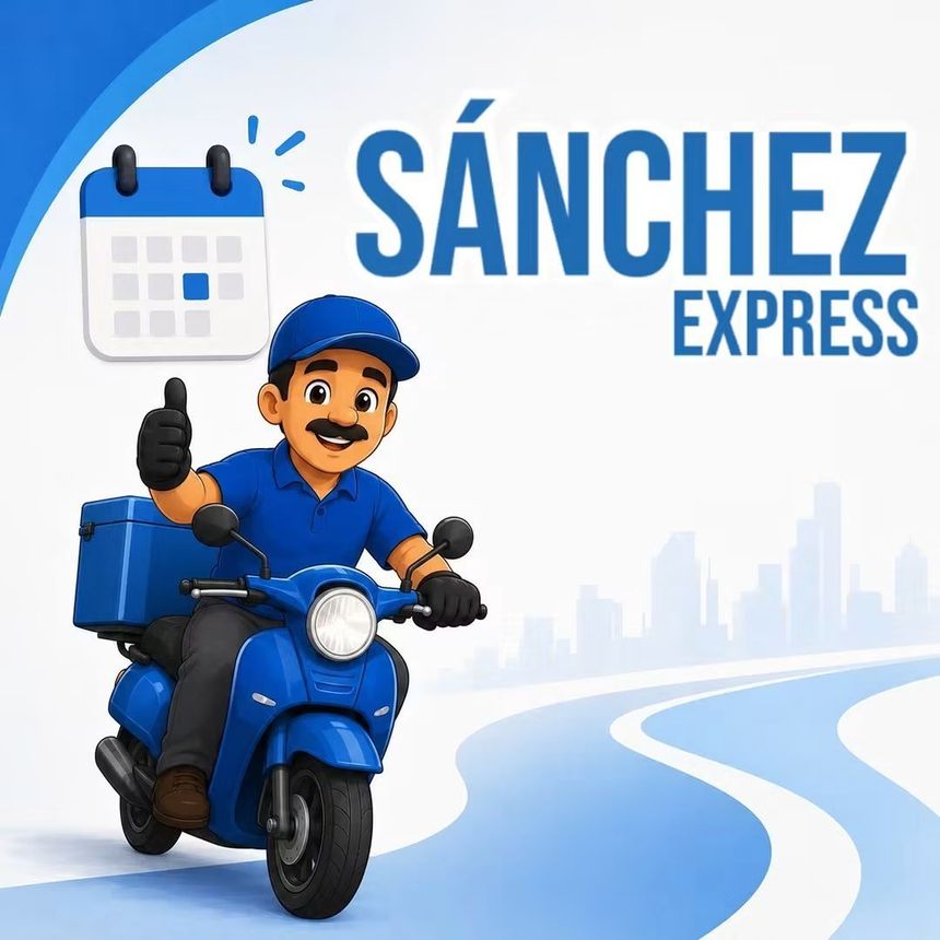 Logotipo de Sánchez Express con un repartidor azul en scooter