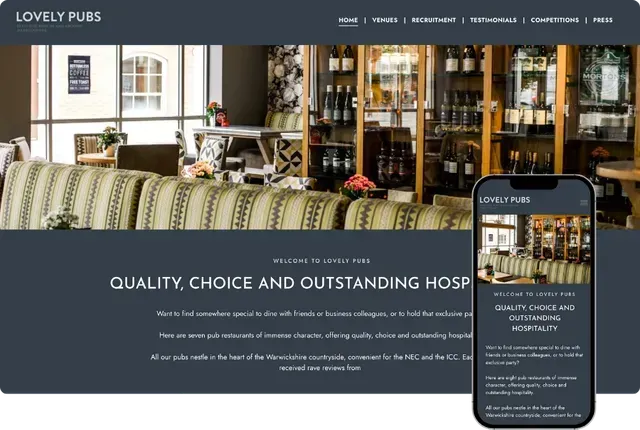 A phone is displaying a website for a restaurant called lovely pubs