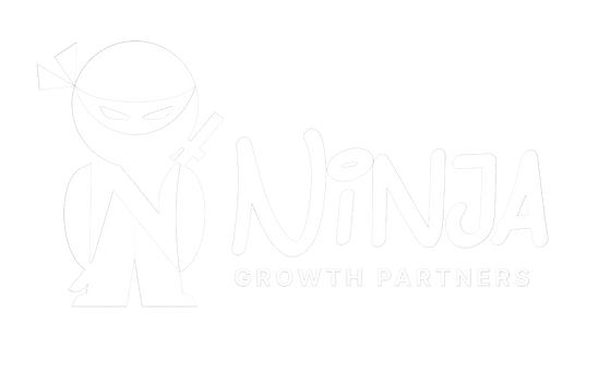 A white logo for a company called ninja growth partners.