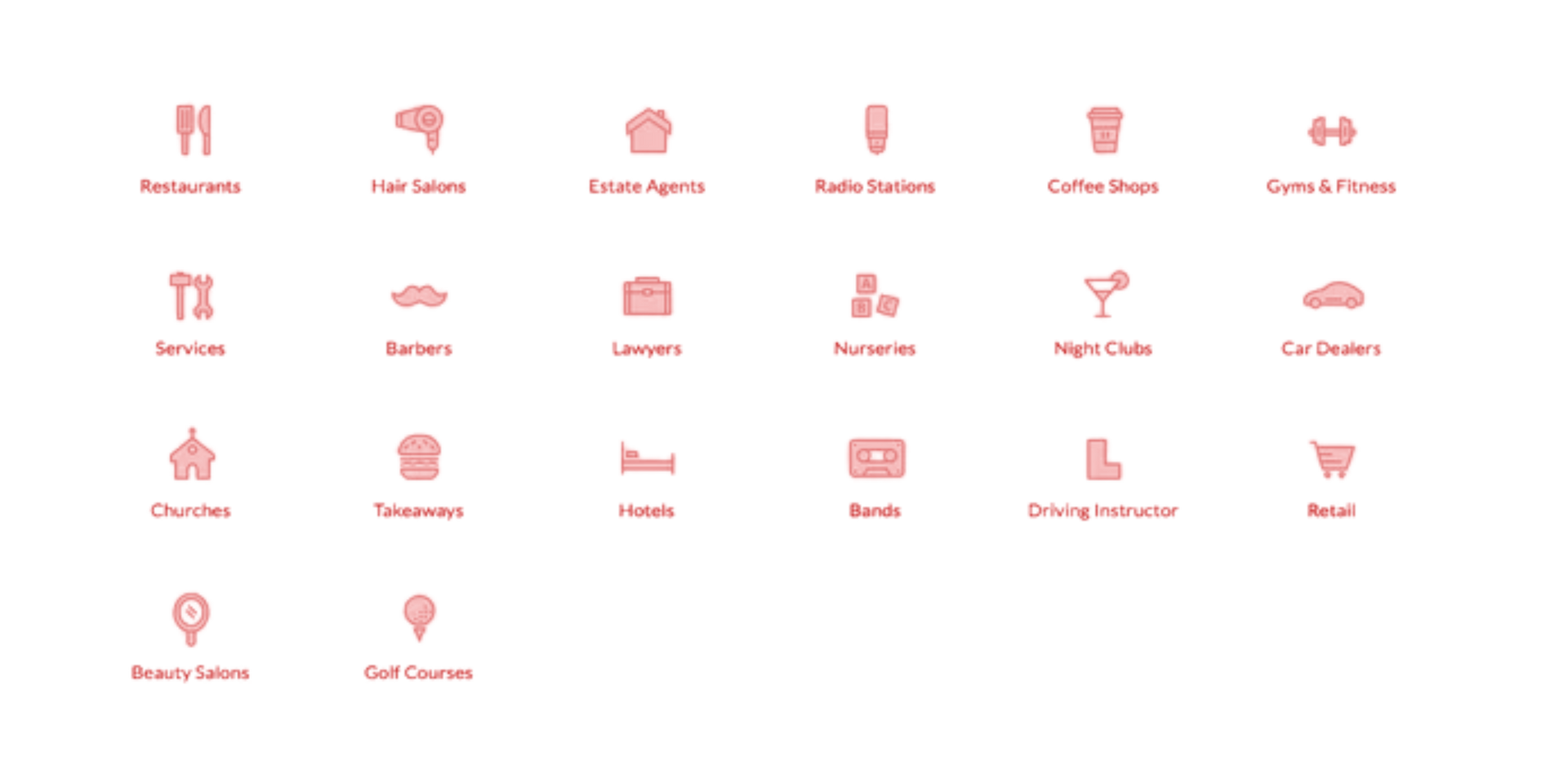 A set of red icons on a white background.