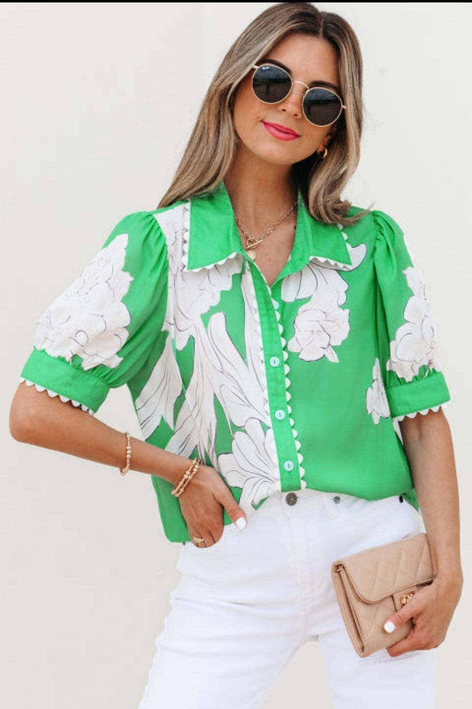 GREEN FLORAL RIC RAC EDGE PUFF SLEEVE BUTTON UP SHIRT