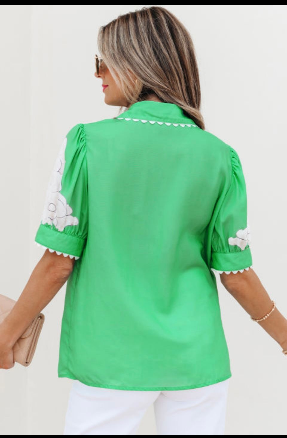 GREEN FLORAL RIC RAC EDGE PUFF SLEEVE BUTTON UP SHIRT