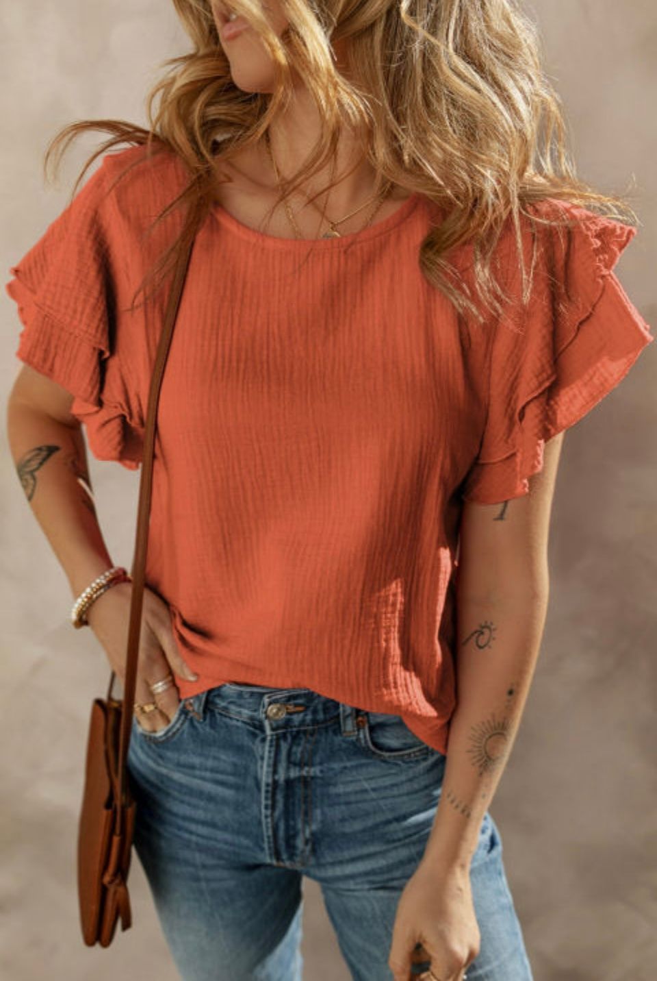 ORANGE CRINKLED COTTON GAUZE RUFFLE SLEEVE
