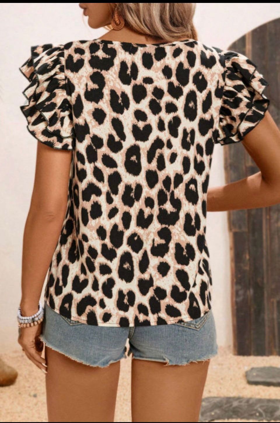 KHAKI LEOPARD PRINT LAYERED RUFFLED SHORT SLEEVE BLOUSE